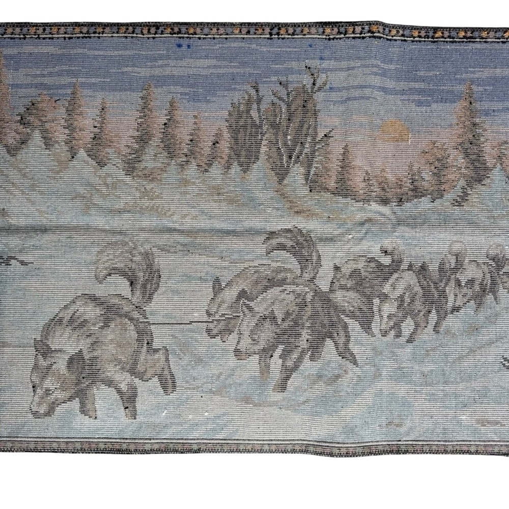 Vintage Mid Century Dogsled Tapestry Rug Husky Winter Scene Wall Hanging Cabin - Picture 6 of 7